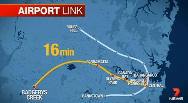 The proposed Sydney to Badgerys Creek Metro (source: Ch. 7/Yahoo - note 16 min travel time is for Sydney to Parramatta)