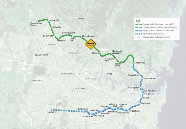 Sydney Metro with proposed extension to Liverpool (source: Sydney Metro)