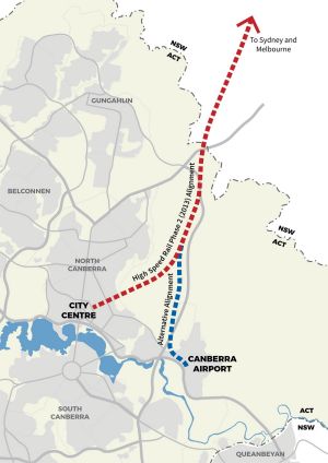 Alternative route options for ACT terminus for proposed Sydney-Canberra HSR (source: Fairfax media)