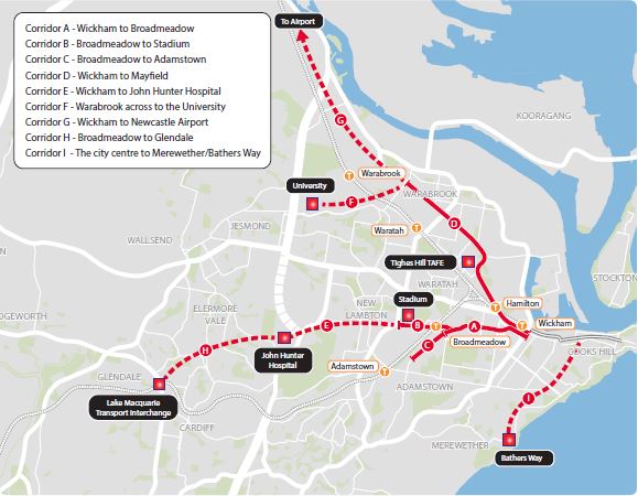 Newcastle Light Rail proposed initial and longer term extensions (source: NSW government Revitalising Newcasle website)