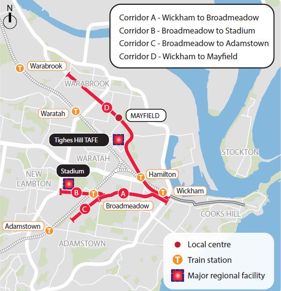 Newcastle Light Rail proposed initial extensions (source: NSW government/Revitalising Newcastle website)