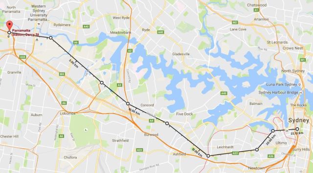 Possible route for the Sydney Metro West. Underlying map source: Google Maps 2016